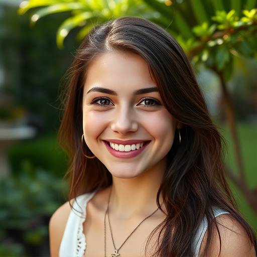 Retrato de uma jovem mulher sorrindo em um jardim em Lisboa