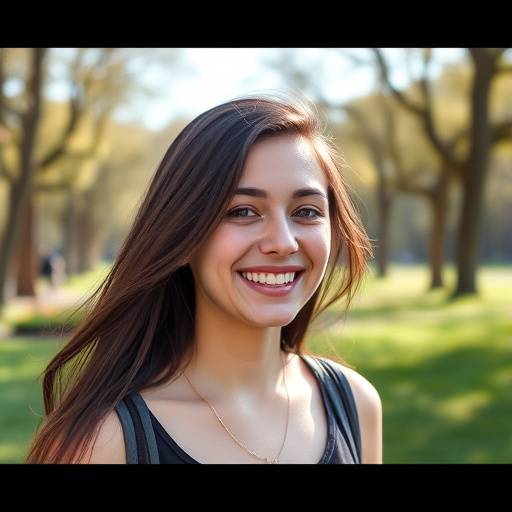 Retrato de uma jovem mulher sorrindo em um parque em Lisboa